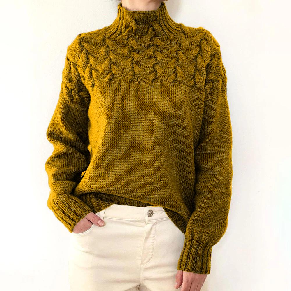 Damen Pullover mit Zopfmuster, hohem Kragen und langen Ärmeln
