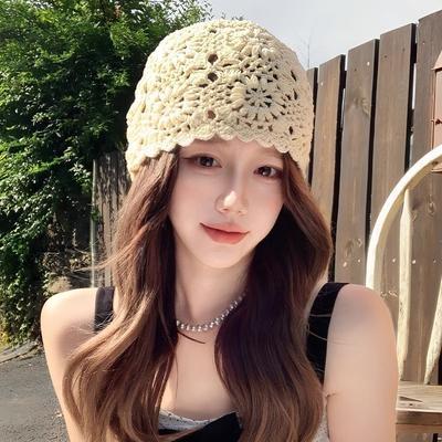 Dámský ručně pletený pletený klobouk letní dutý módní všestranný zeštíhlující obličej korejský styl ležérní klobouk trendy