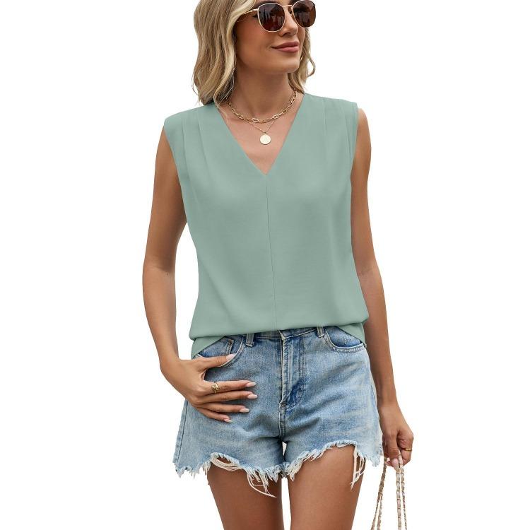 Summer Chiffon Shirt Women Loose V Neck Pleated Sleeveless Top Vest Solid Color Loose Blouse
