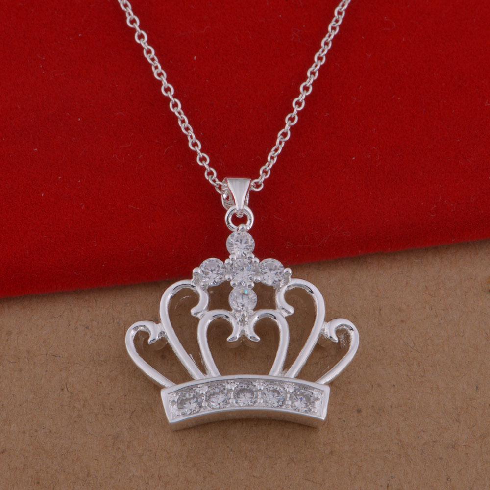 

925 Sterling Silver Crown Necklace with Inlaid Diamonds - Korean Style белый