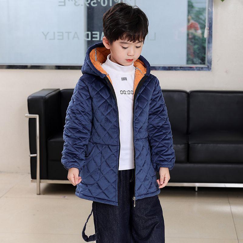 Boys Children's Plus Velvet Thickened Mid-length Hooded Cotton Overalls Fashionable and Warm To Wear Outside