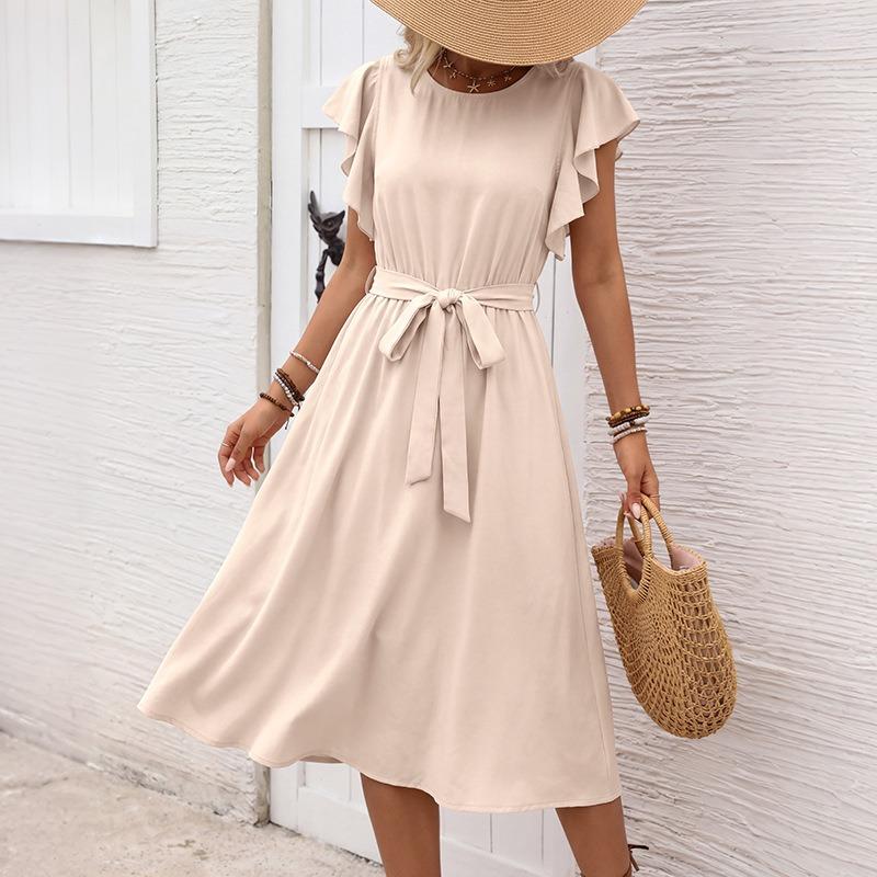 Abiti casual a vita alta con scollo a maniche corte e stampa tinta unita primavera estate moda donna
