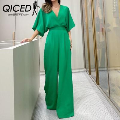 Women's V-neck Short-sleeve Tie with Halter Back Loose Wide-leg Jumpsuit