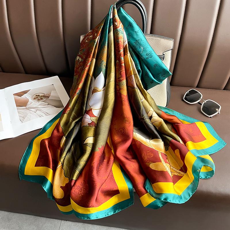 Long Silk Scarf Spring and Summer Thin Style Printed Scarf Beautiful Brocade Lotus Shawl Imitation Silk Scarf Gauze Scarf