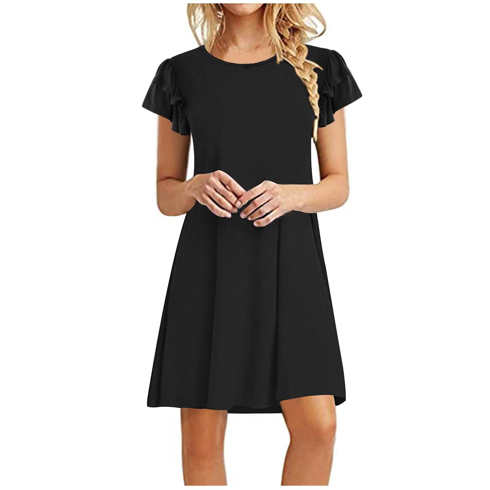 Женское летнее винтажное однотонное свободное платье с круглым вырезом и баской — фото 3