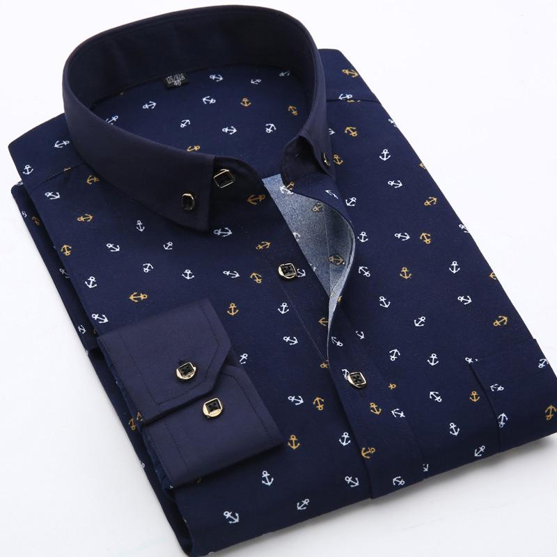 Camisa Masculina de Manga Longa com Gola Turn-Down, Estampa Xadrez Floral, Corte Slim.
