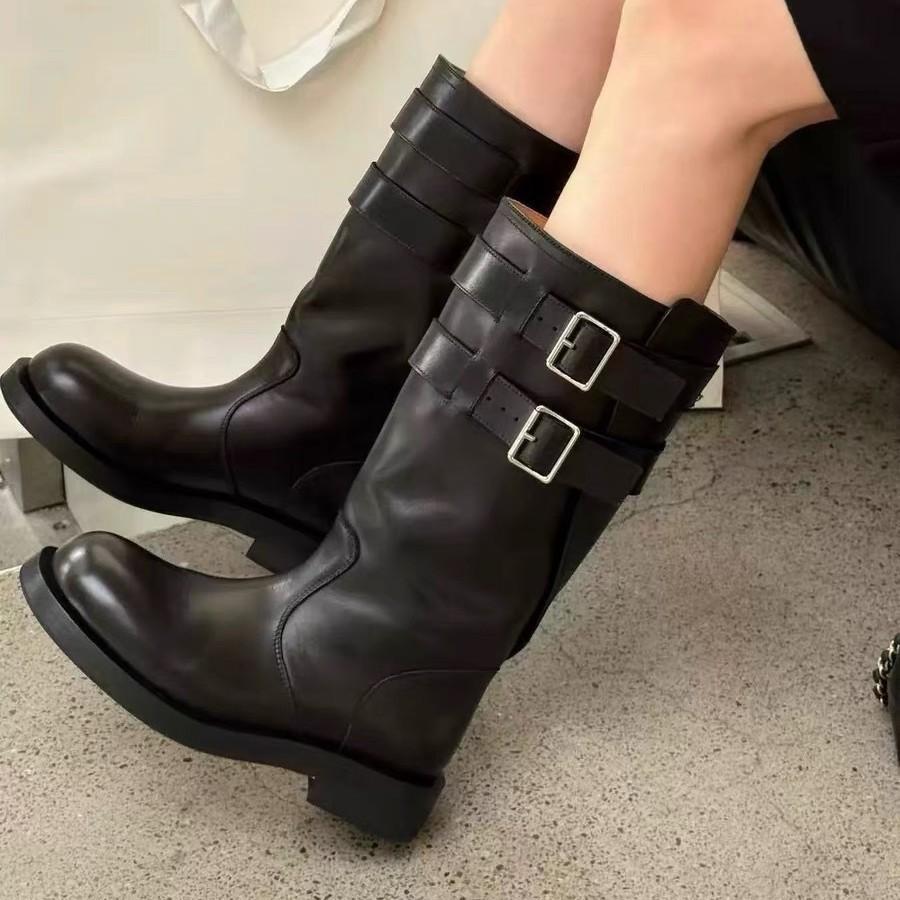 Cowhide Version~ Korean Version of High-end Sleeve Belt Buckle Knight Boots 25 Years Old New Round Head Leather Temperament Locomotive Boots