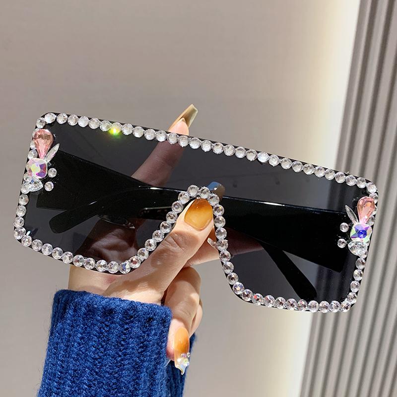 Large Frame Diamond-set Sunglasses Women's Anti-ultraviolet Glasses One-piece Sunglasses Rhinestone Glasses 5-1
