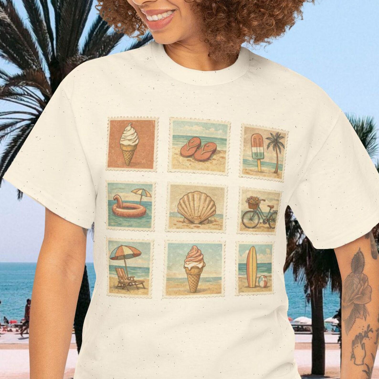 Retro Summer Postage Stamp Shirt, Beach Vacation Tee, Seaside Collage T shirt, Coastal Holiday Shirt 3XL
