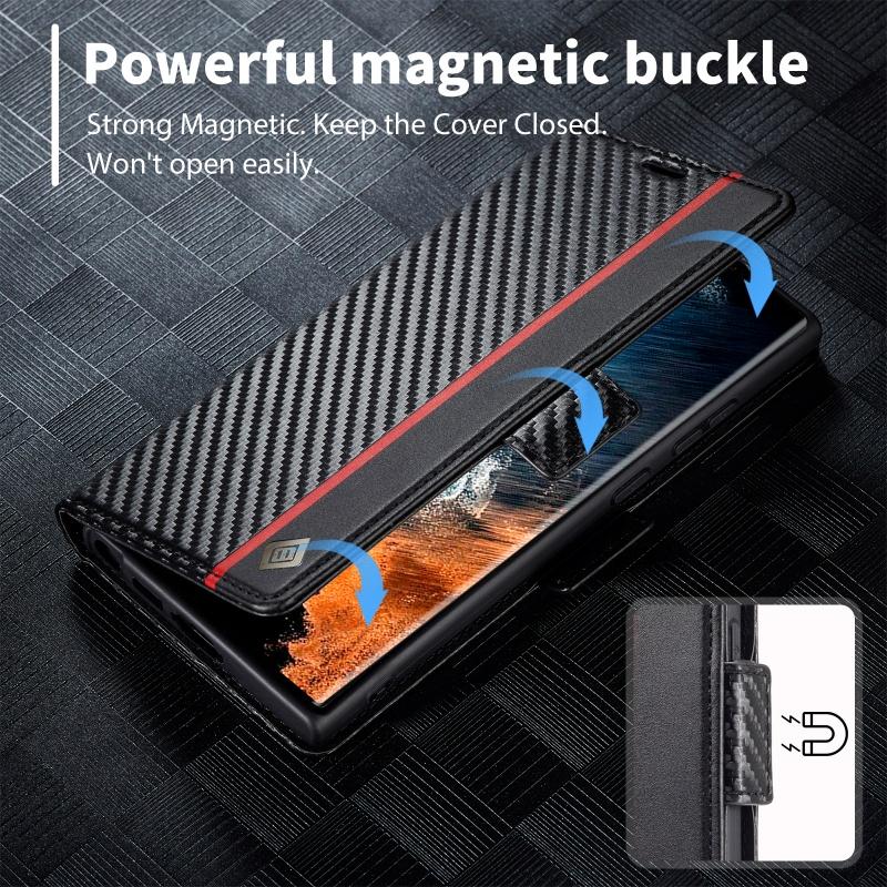 EUCAGR Carbon Fiber Flip Magnet PU Leather Wallet Phone Case for Samsung S26 Ultra S25 S24 S23 S22 S21 S20 S10 S9 S8 Plus Cover