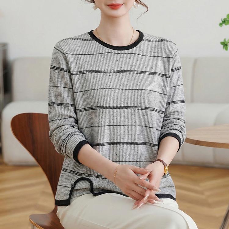 

Summer 2026 Striped Long Sleeve Knitwear – Elegant Commuter Mom s T-Shirt Style M кавовий