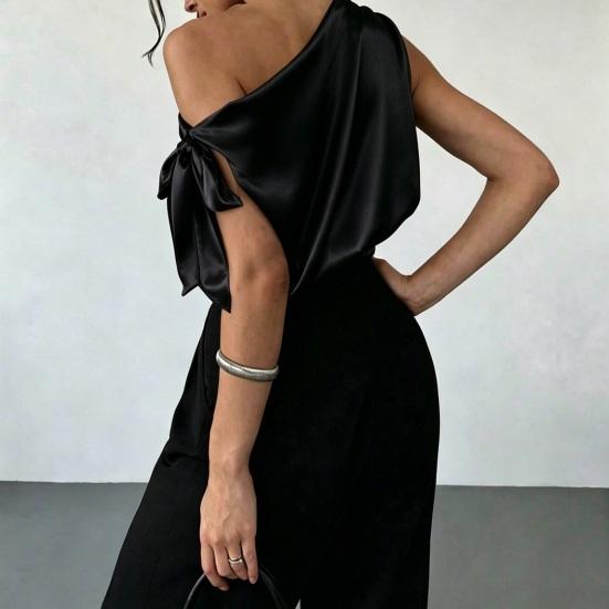 Dames Blouse Schuine Schouder Asymmetrisch Off-Shoulder Strik Blouse Casual Kantoorstijl Losse Pasvorm Satijnen Tops Dagelijkse Kleding