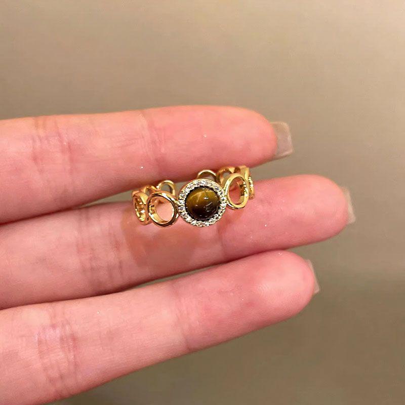 Maillard Retro Tiger Eye Zircon Gold Ring - Women s Luxe Fashion Trend Adjustable Open