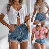 Summer Vacation Sun Protection Tops Women Crochet Knitting Tops Short Sleeve Lace Up Hollow Design