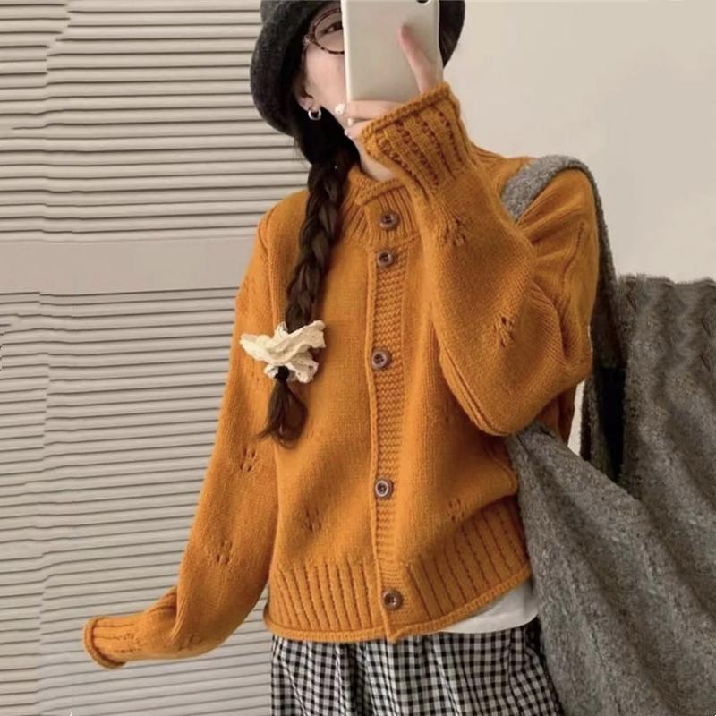 Korean Retro Hollow Knitted Cardigan Coat Women's Autumn and Winter Loose Curled Stand-up Collar Design Short Sweater Jacket Top