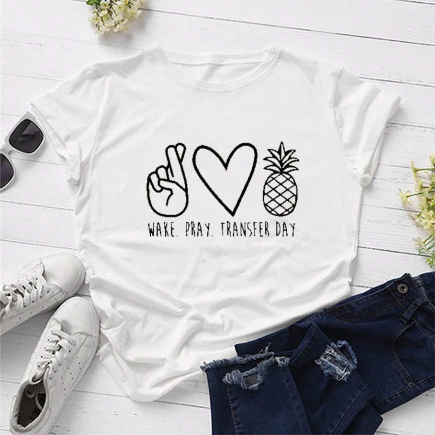 T Shirts Wake Pray Transfer Day Farm Life Ivf Pineapple Women Tops Funny Quotes For Women Country Gothic Clothes Leisure Tees S разноцветный