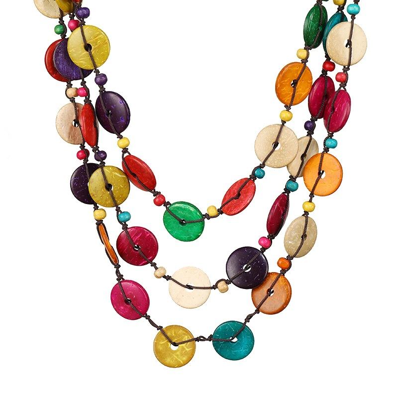 Handwoven Bohemian Coconut Shell Wood Necklace Feminine Style Long Multi-layer Colored Circle Pendant Accessories