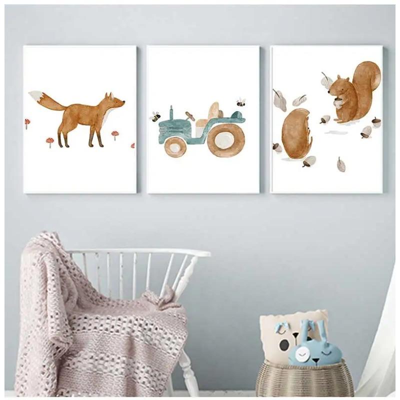 Cartoon Bear Squirrel Fox Hedgehog Spaceship Wall Art Canvas Painting Boho Posters And Prints Wall Pictures Baby Kids Room Decor