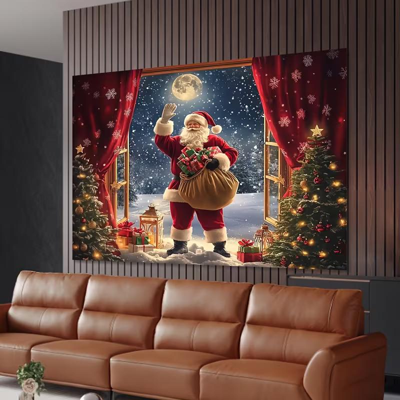 2D Winter Santa Claus Backdrop, Christmas Night Window with Snowflakes Banner