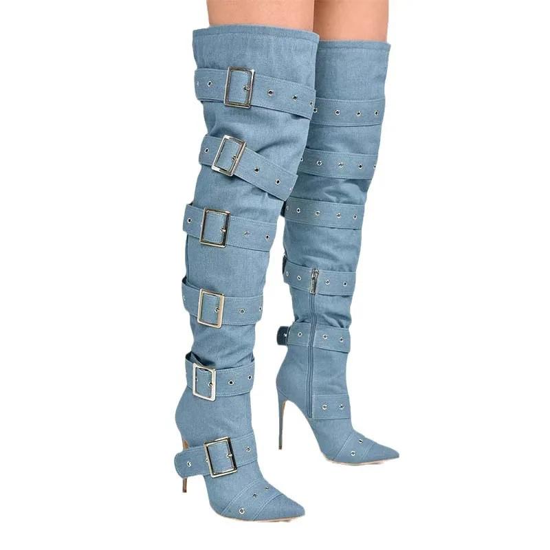 Blue Denim Sexy Sliver Buckled Thigh High Boots Women's Black Leather Pointed Toe High Heels Long Boot Luxury Design Party Shoes