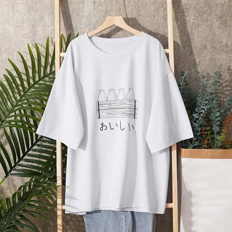 T-shirt Women Cotton Summer Casual Large Size Loose Round Neck Pullover Short-sleeved Tops