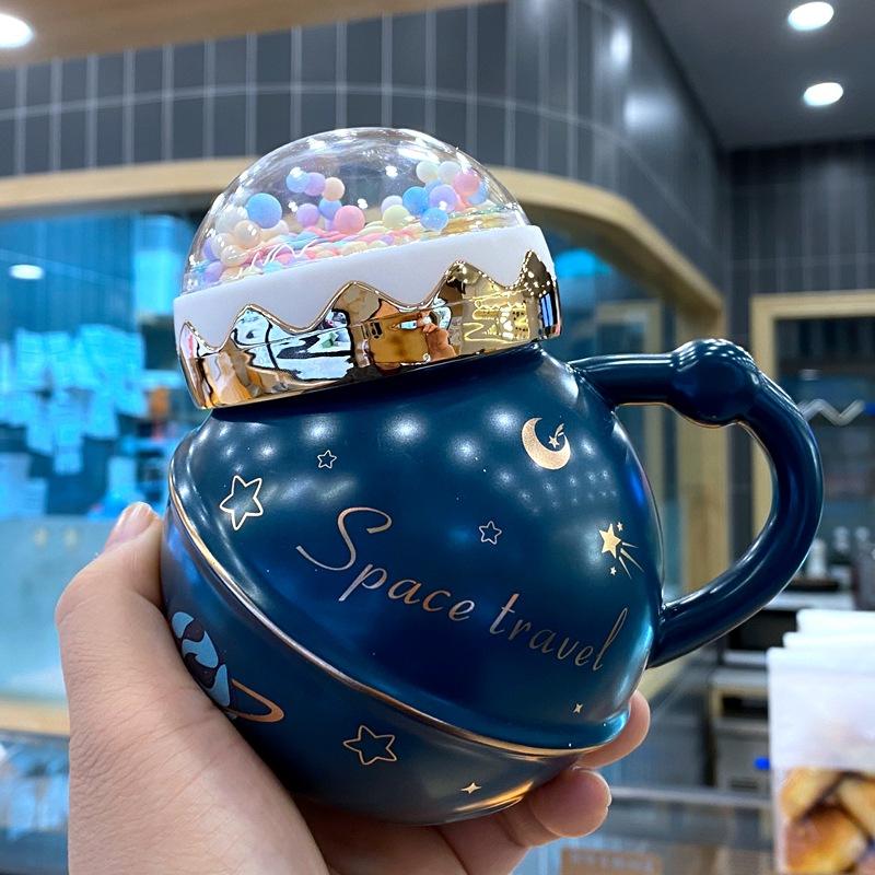 Planet Mug with Lid High Looking Drinking Water Cup Ceramic Cup Style Cartoon Cute Female Student Korean