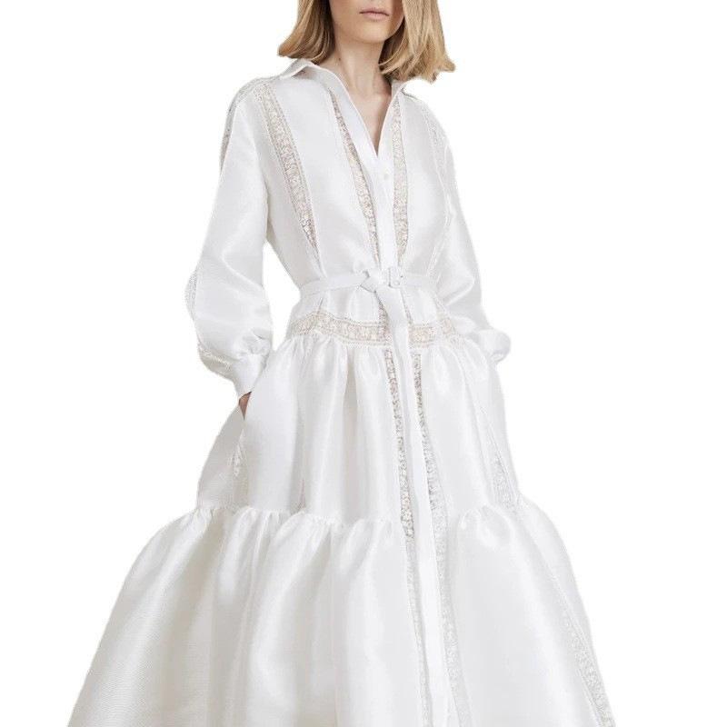 European And American Autumn And Winter New Models, Women'S Lace Splicing White Long-Sleeved Casual, Dress Women