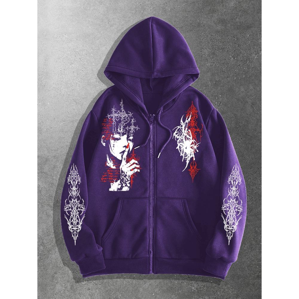 Y2k Mode Seriefigur Porträtt Tryck Huvtröja med Dragkedja | Avslappnad Street Style, Långärmad, Fiber, Normal Passform