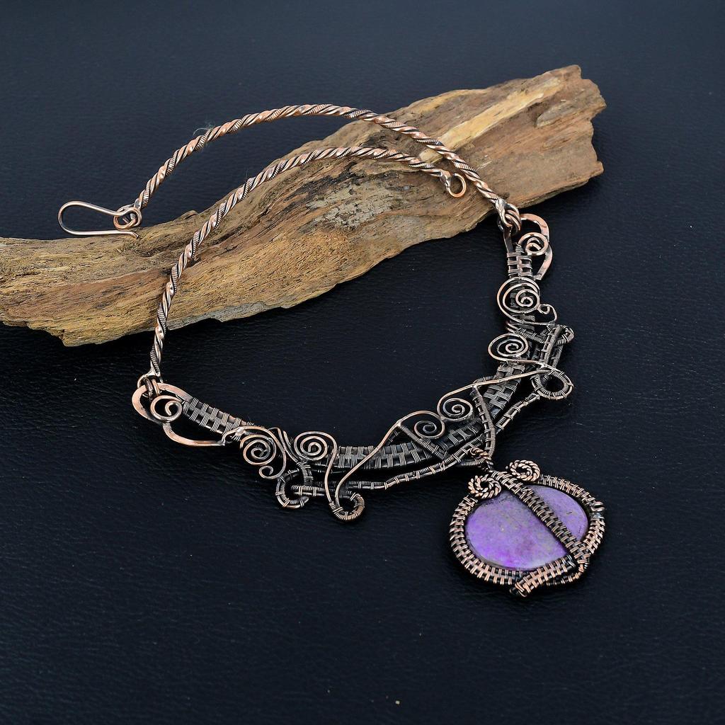 Purpurite 999 Copper Wire Wrapped Necklace with Adjustable Chain, Handmade Gemstone Jewelry Necklace For Memorial Day