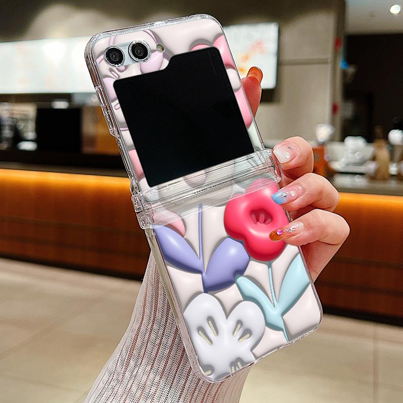 Oil Painting Flower Phone Case For Samsung Galaxy Z Flip6 Flip5 Flip4 Flip3 5G Hard PC Clear Folding Cover For Samsung Z Flip 6