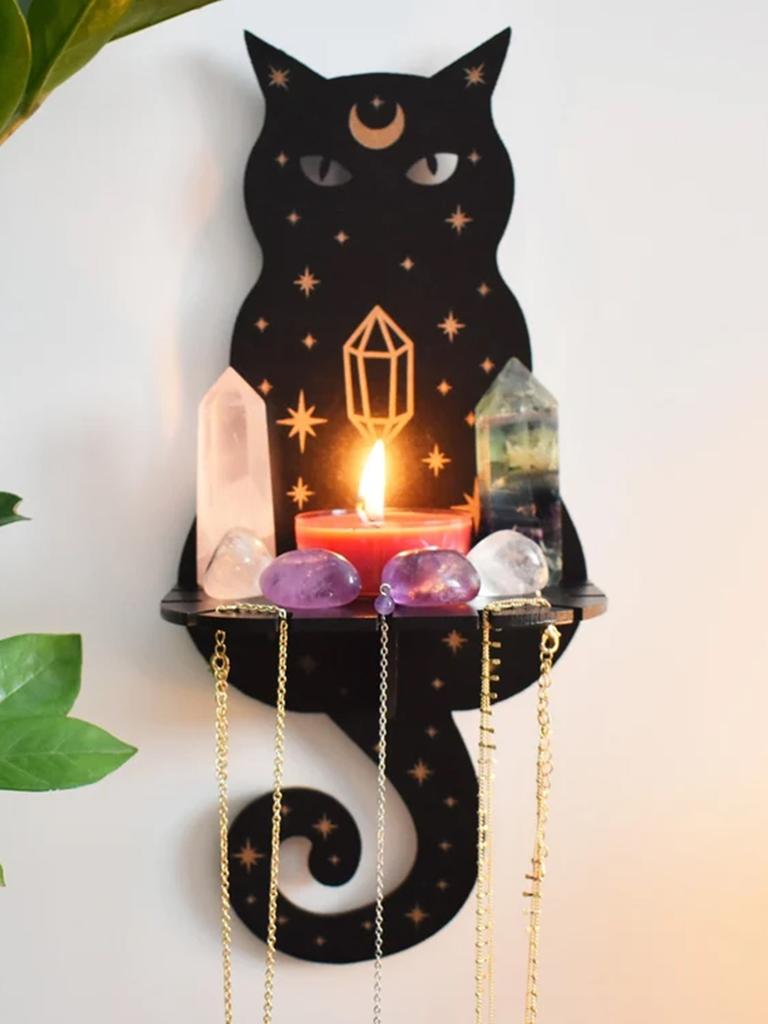 Schwarze Katze Holzregal Mondphase Schwebendes Regal Chakra Kristallhalter Steinständer Wanddekoration Hexen Wohndekoration