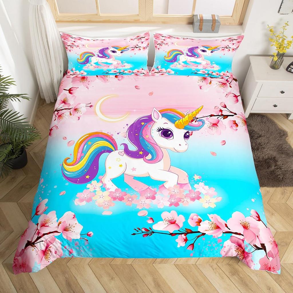 Unicorn Duvet Cover Set Cartoon Galaxy Rainbow Colourful Unicorn Cute Romantic Theme For Kids Girls Polyester Comforter Cover