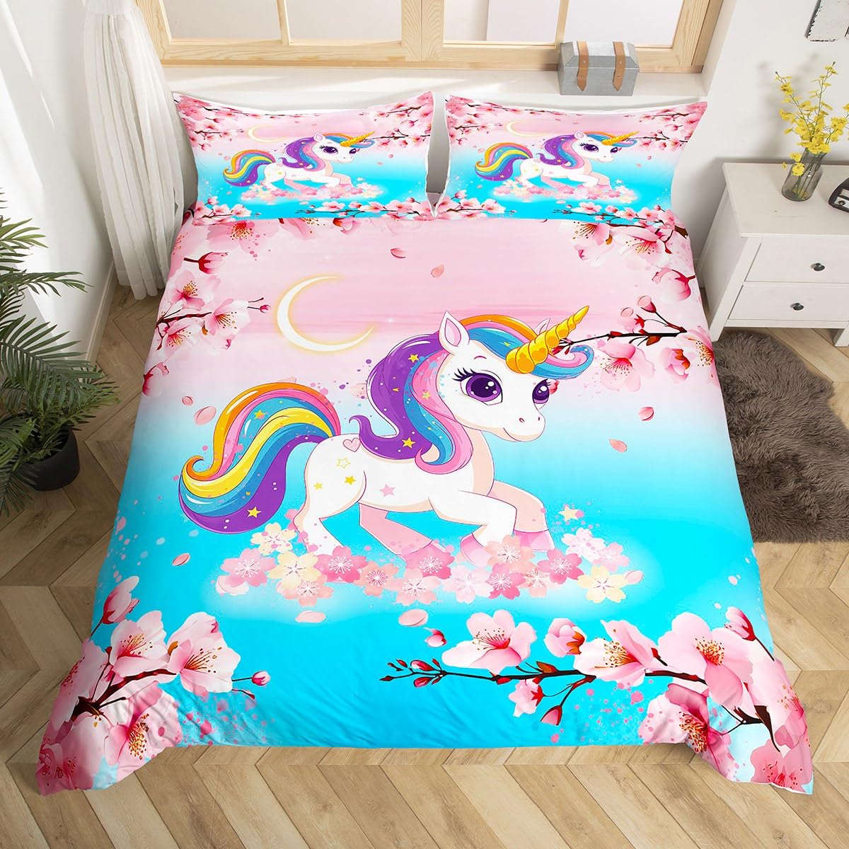 

Пододеяльник с изображением единорога, мультяшная галактика, радуга, красочный единорог, милый романтический мотив для детей и девочек, полиэстеровый чехол для одеяла EU single(135x200cm)