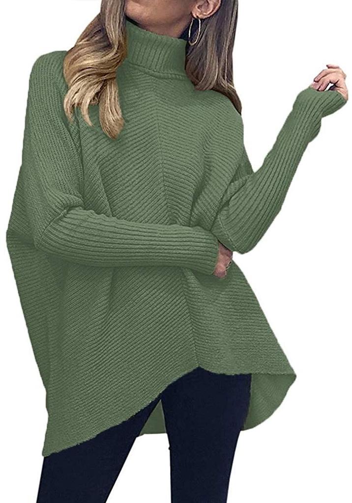 Women's Irregular Hem High Neck Pullover Long Sleeve Knit Sweater