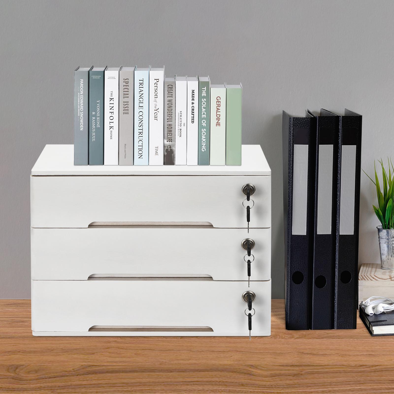 Secure 3-Tier Wooden Desktop Organizer with Locking Drawers, Compact File Cabinet for Home Office, Countertop Document Storage белый