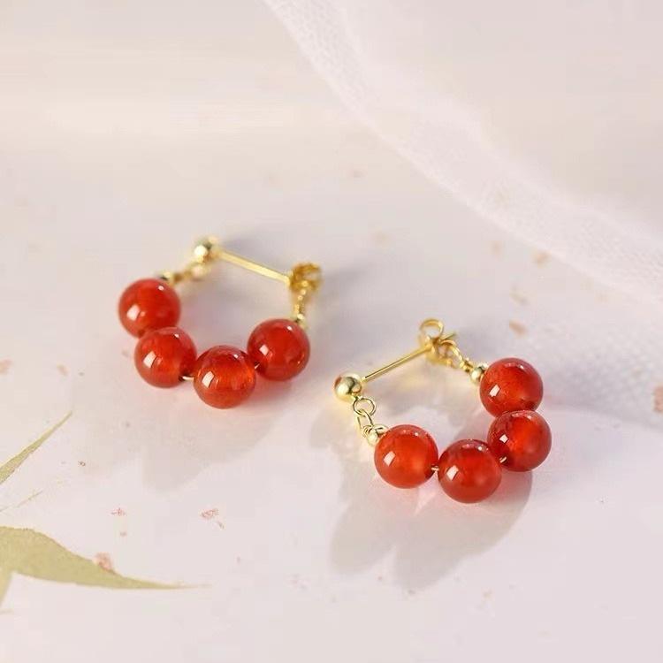 2023 Light Luxury Red Bead Stud Earrings for Women - 925 Sterling Silver