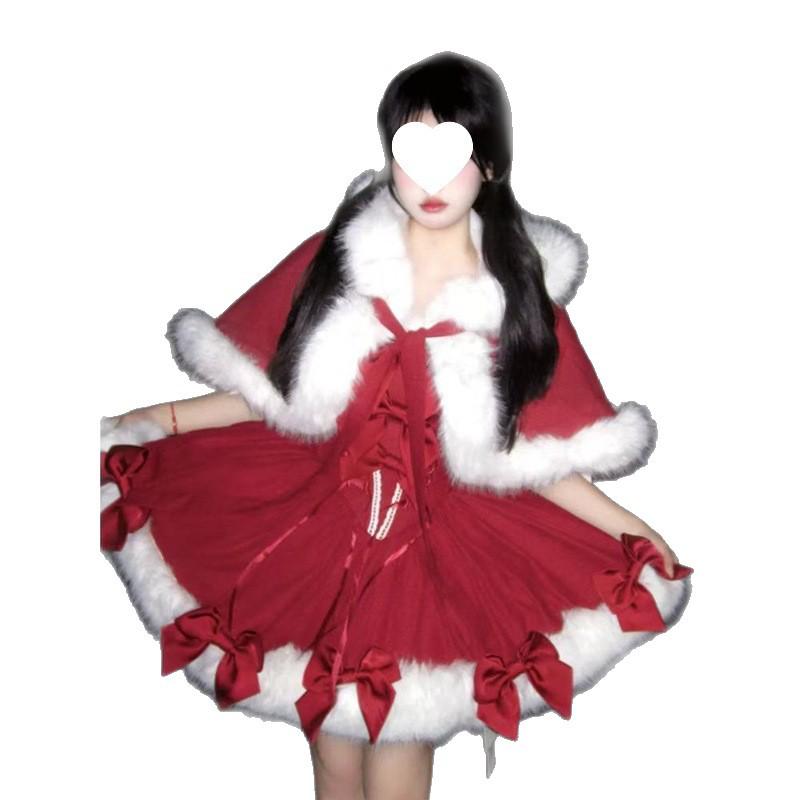 Conjunto de Capa Vermelha e Vestido Princesa Lolita para Véspera de Natal