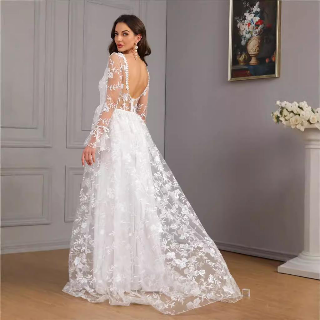 European and American Foreign Trade New Women's Clothing Autumn and Winter New Amazon Long-sleeved V-neck Pendulum Trailing Lace Dress Wedding Dress