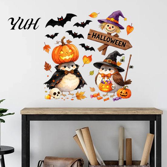 DIY Wall Mural for Kids Room Cartoon Halloween Sticker, Self Adhesive PVC Removable Decal, Wizard Decals Birds Scarecrows Jack-o-lanterns Pattern