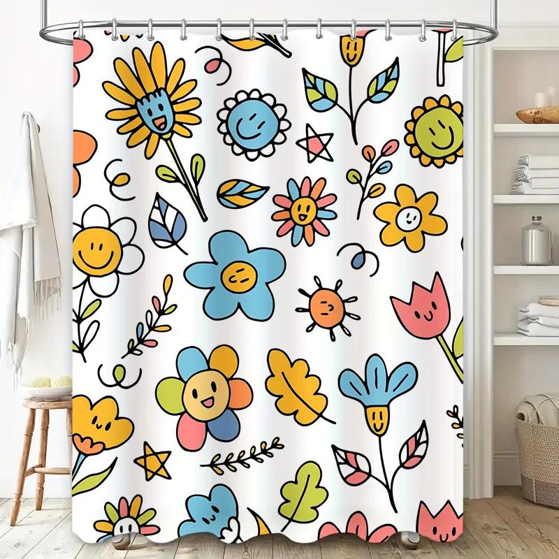 Bright Flower Shower Curtain SetMulticolored Sunflowers with Smiley Faces for Bathroom Decor Plastic Rod Included (White)