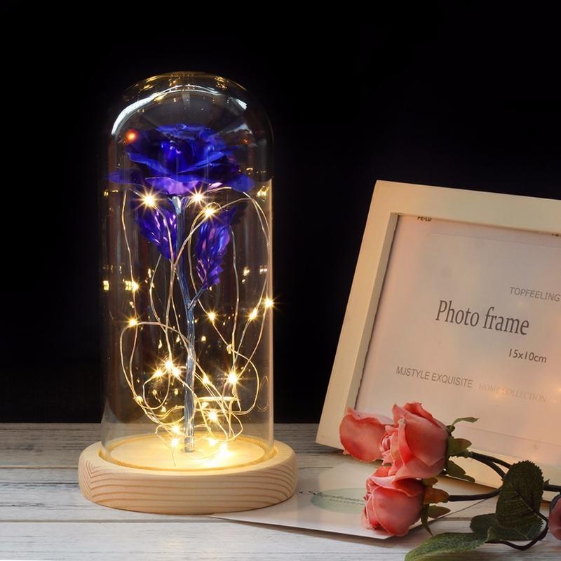 The Gold-plated Red Rose with LED Light In Glass Dome for Wedding Party Mother's Day Gift