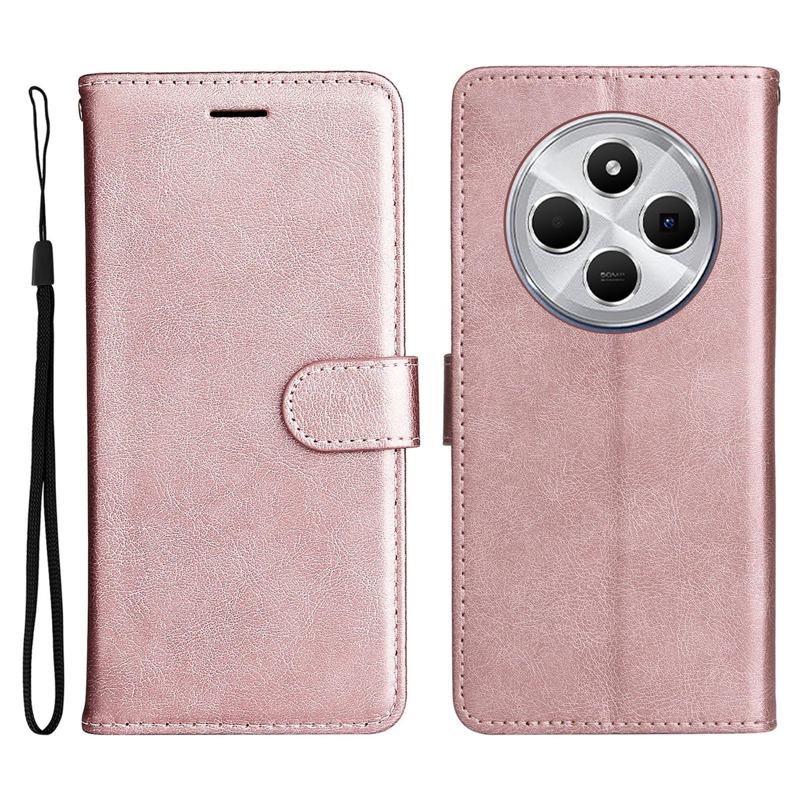 

For Xiaomi Poco C75 4G/Redmi 14R 5G/14C 4G Case Solid Color Leather Mobile Cover Wallet Stand with Strap Rose Gold