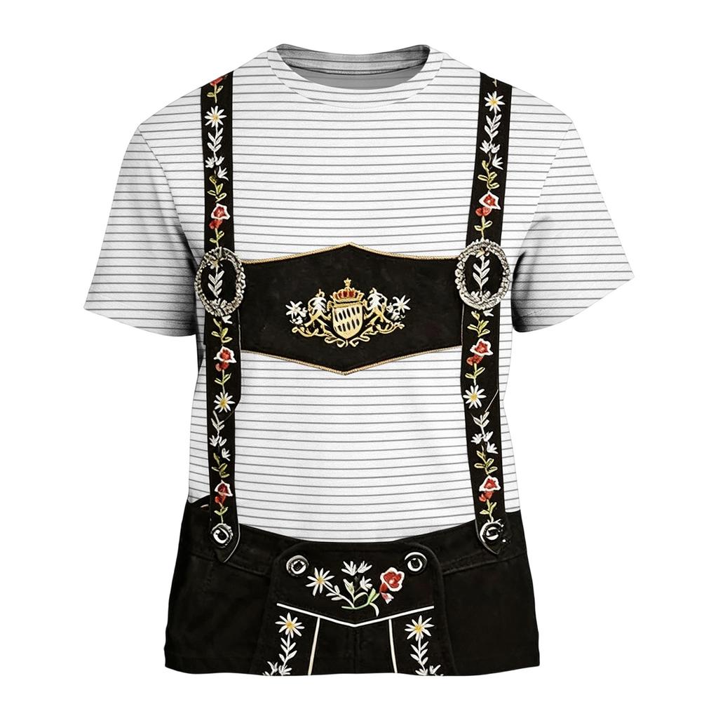 Men's Oktoberfest Vintage Texture Print Short Sleeve T Shirt Loose Fit Casual Summer Daily Wear Top with Suspender Design
