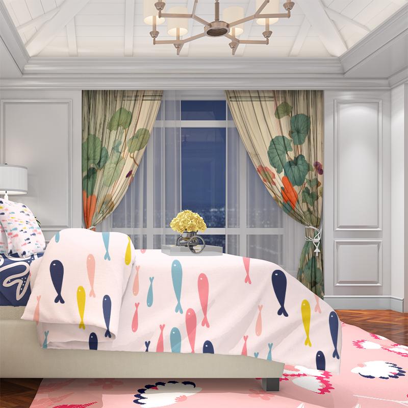 2pcs- Chinese-style fresh lotus polyester curtains, pole bag curtains 42*84, bedroom, living room, home room decoration