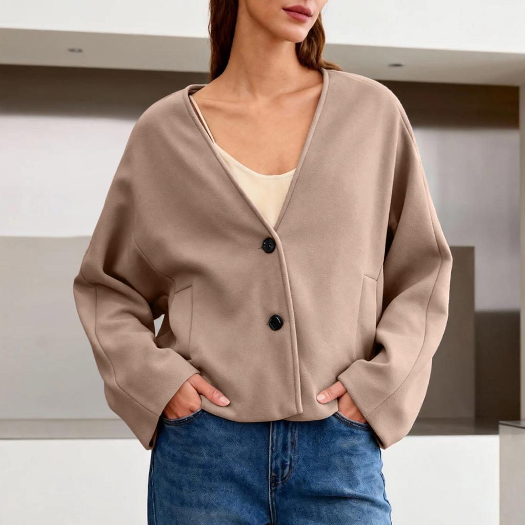 Women's Fashion V-Neck Jacket Double-Button Wool Blend Short Coat