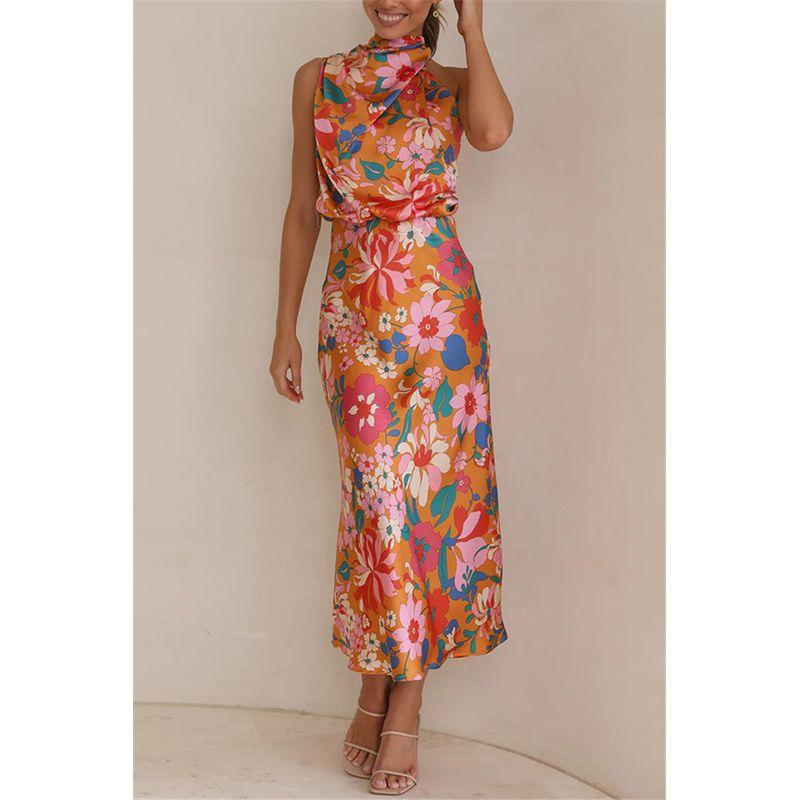 

European and American Sexy Silm Silk-like Print Dress Long Dress Sexy Bodycon Satin Maxi Dress Orange M
