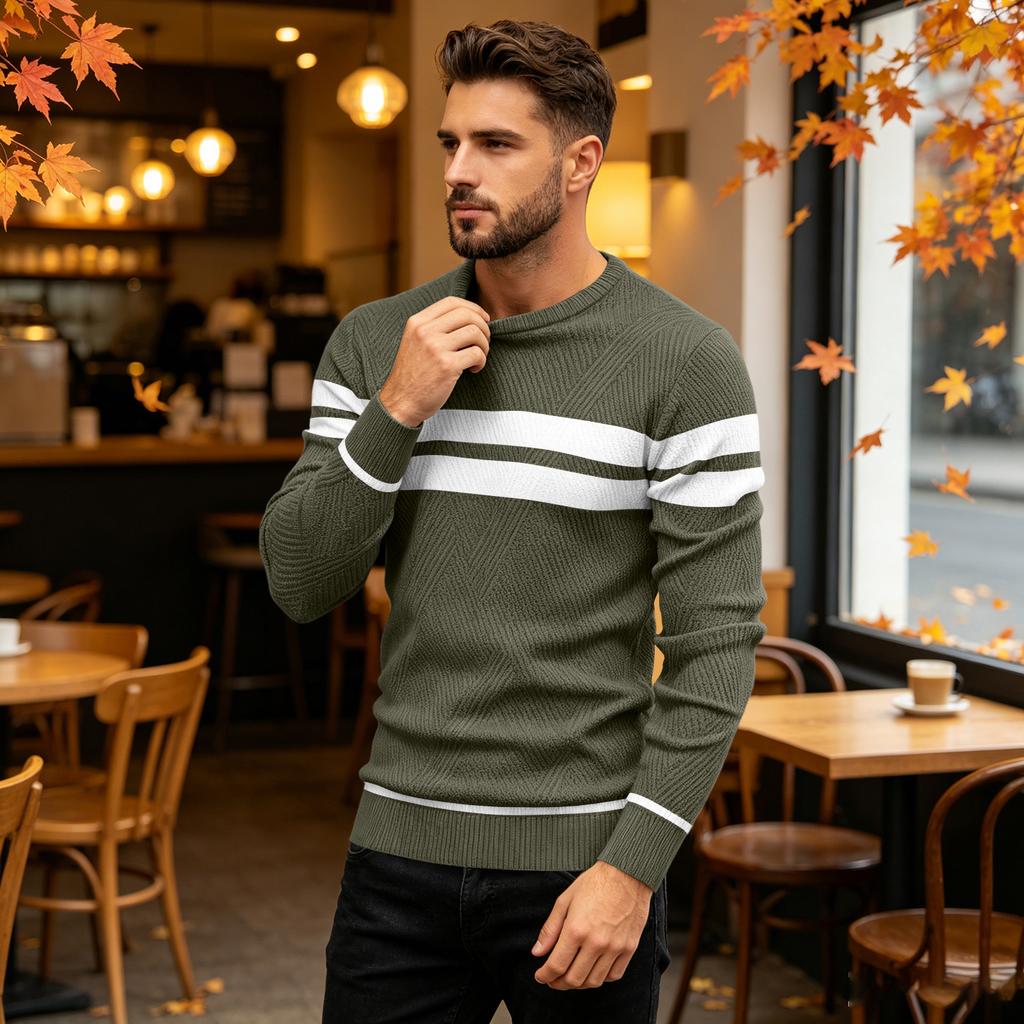 Maglione da Uomo Casual a Vestibilità Larga con Scollo Tondo e Fantasia a Righe, Pullover a Maniche Lunghe in Maglia per l'Uso Quotidiano