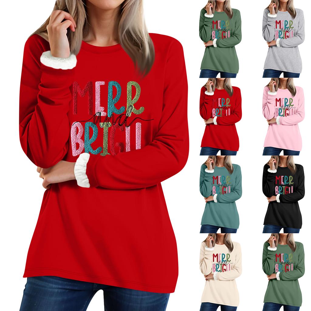 Women's Round Neck Top Printing Thickened Plush Cashmere Warm Long Top