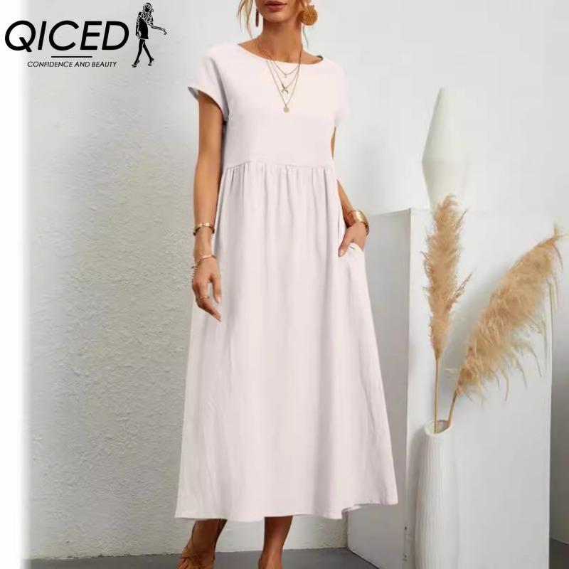 QICED Women's Fashion Summer Spring Solid Color Print O-Neck High Waist Casual Dresses