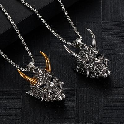 Gold Color Horn Ghost Mask Pendant Necklace For Men Retro Style Stainless Steel Neck Chain Copper Color Jewelry Halloween Gift